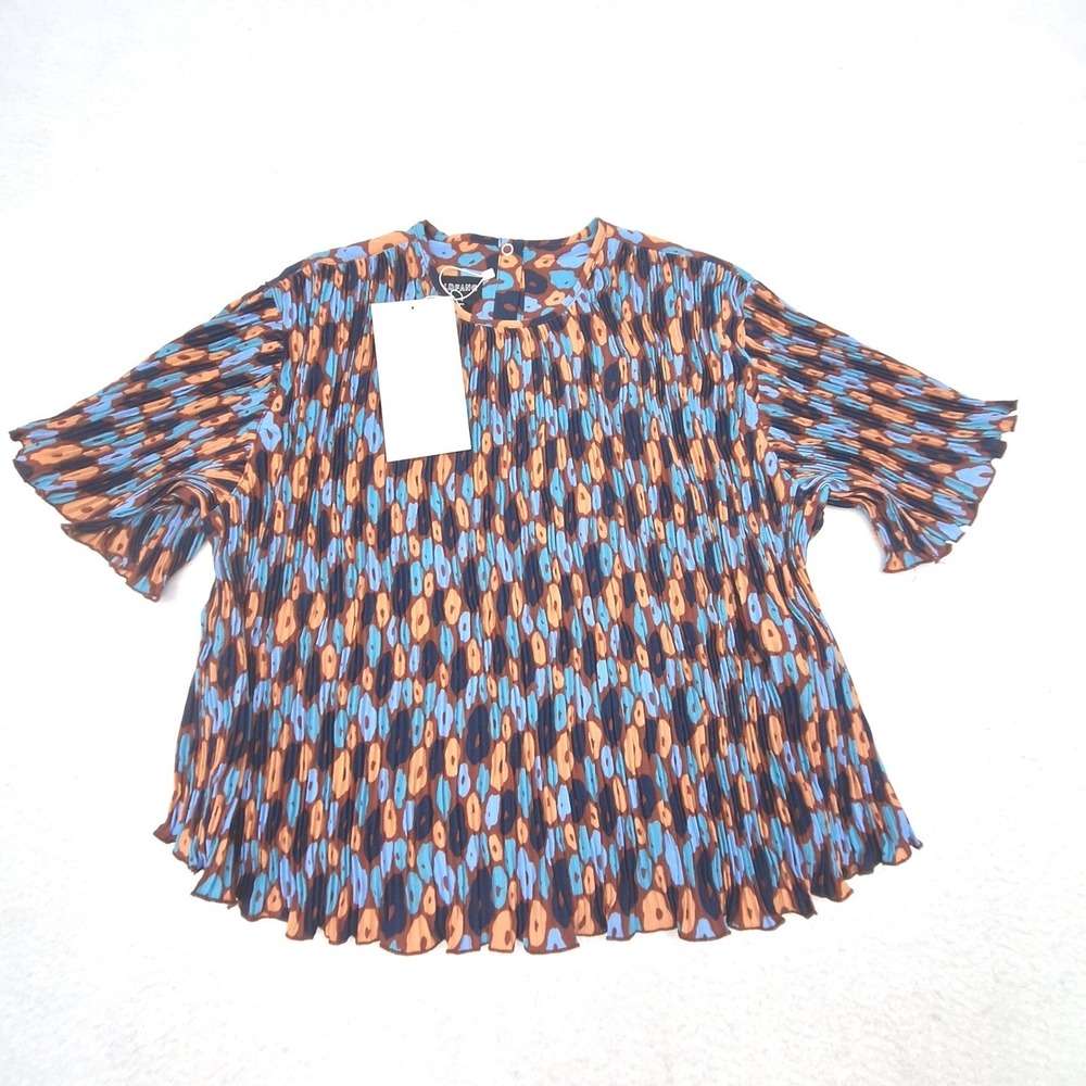 Wildfang Blouse Womens XS Blue Orange Plisse Pleated Empower Boxy Top NWT